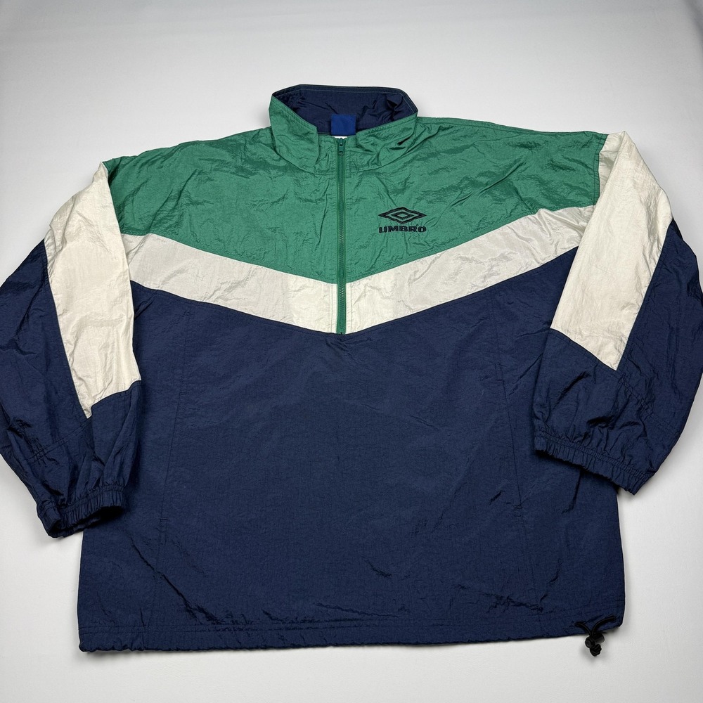 Vintage Umbro Windbreaker Jacket Mens XL Blue Green Colorblock 1/2 Zip Pullover